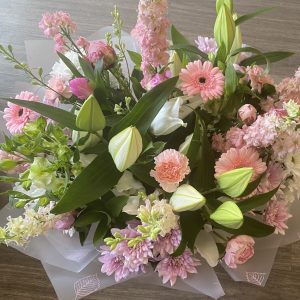 hand tied bouquet in pink country garden flowers
