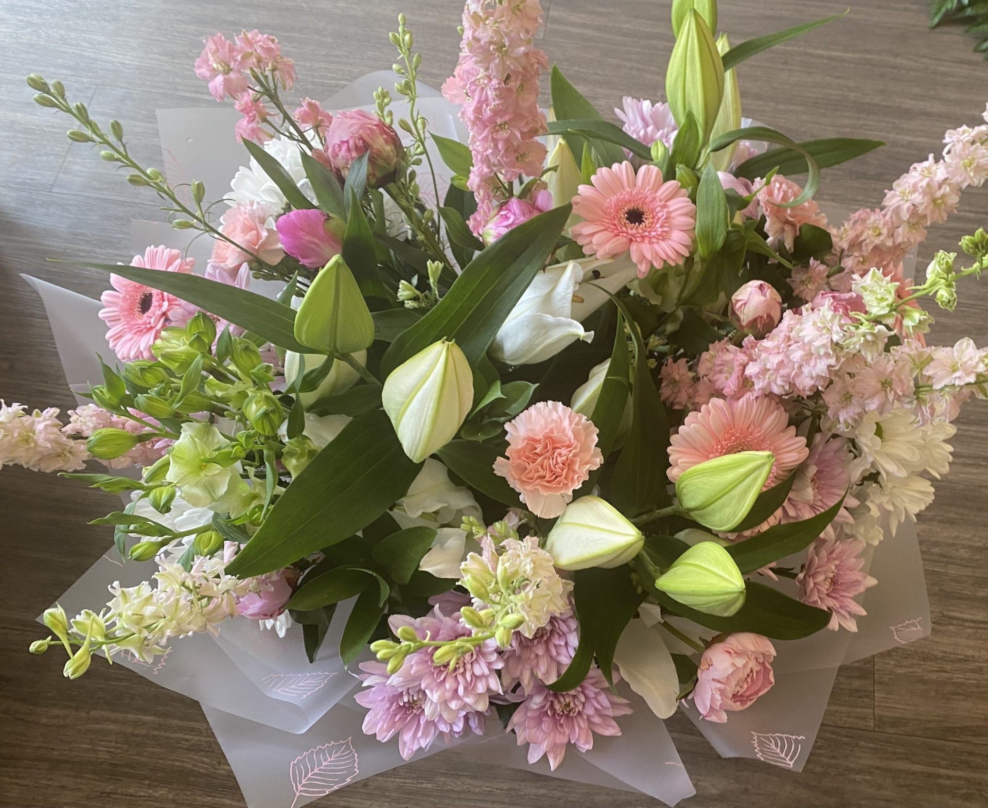 hand tied bouquet in pink country garden flowers