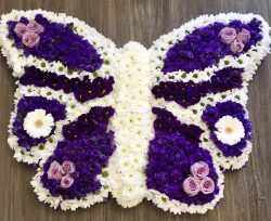 A beautiful butterfly funeral tribute Colours of your choice.24hrs notice required Due to seasonal variations some items may be substituted to produce a display of equal quality and value.Professionally arranged by our expert florists with care.Delivered by hand by our own driver.Click & collect is also available.